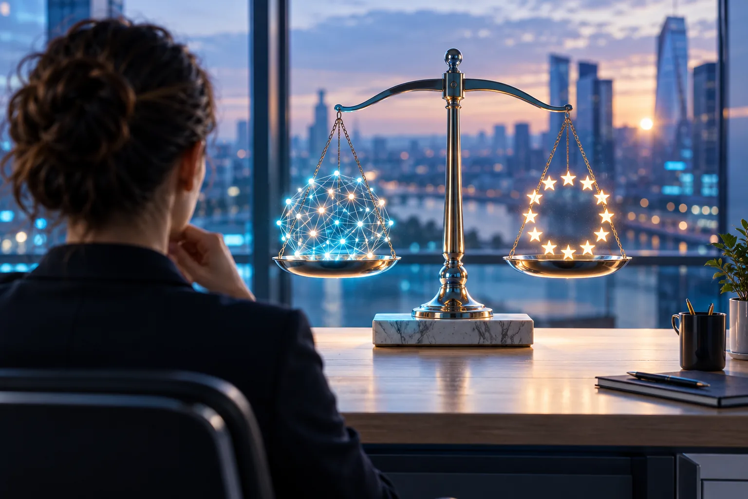 Une balance lumineuse sur un bureau, avec d'un côté un réseau de nœuds et de l'autre un cercle d'étoiles, observée par une personne.