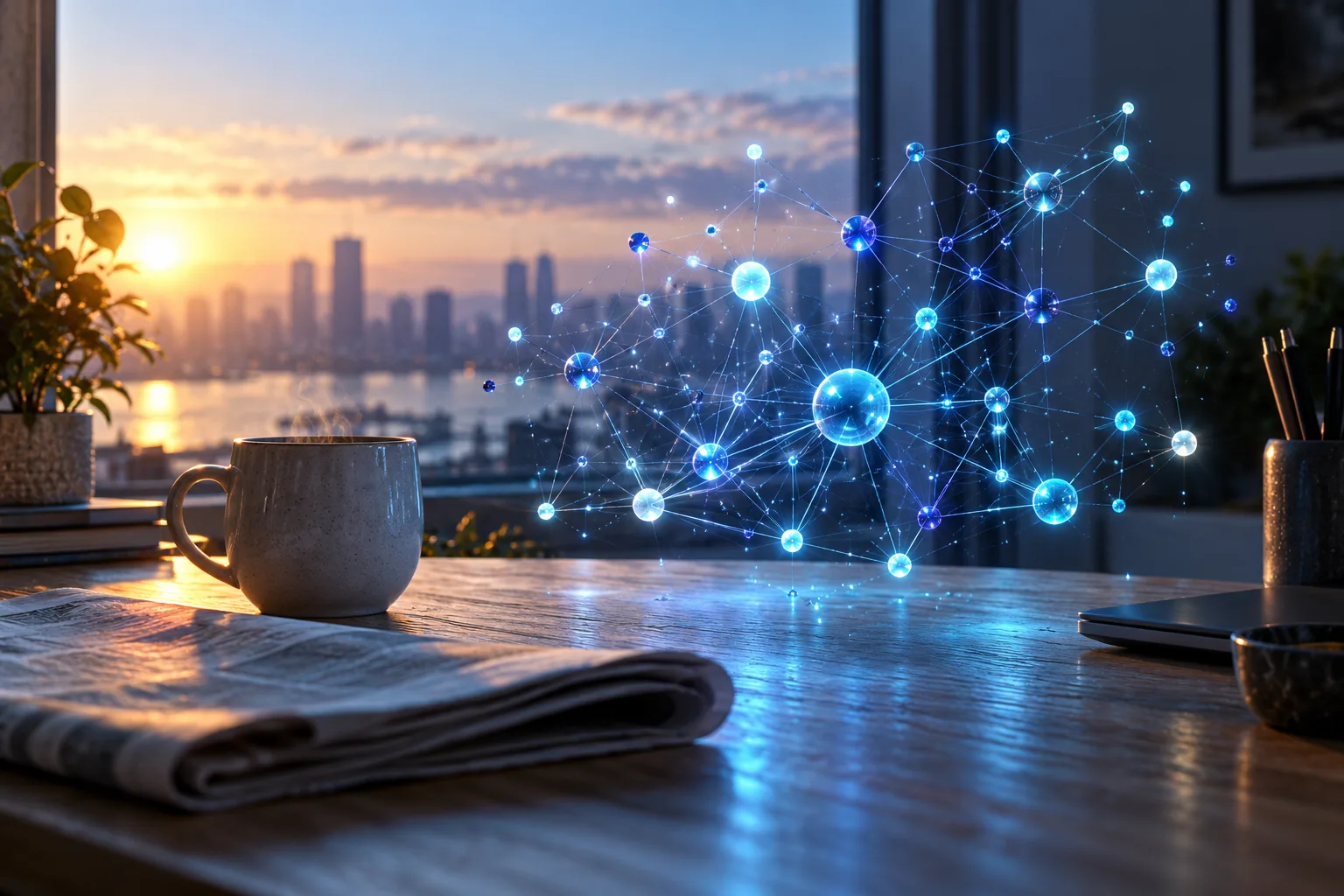 Un bureau lumineux avec un journal plié et une tasse, au-dessus duquel flotte un réseau de points lumineux reliés entre eux.
